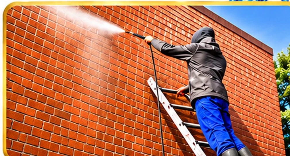 Illustrative promotional image of a brick exterior being pressure washed