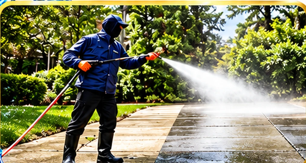Illustrative promotional photo of a worker pressure washing a driveway